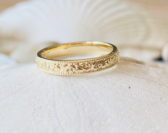 Women’s Vintage Style Wedding Band, Floral Wedding Band, Gold Wedding Band, Milgrain Wedding Band