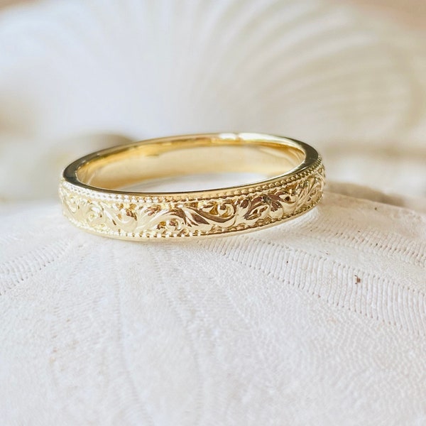 Women’s Vintage Style Wedding Band, Floral Wedding Band, Gold Wedding Band, Milgrain Wedding Band