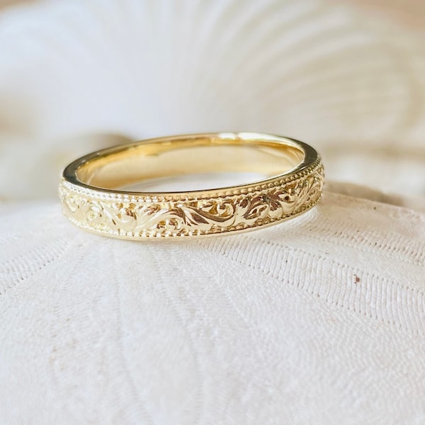 Frauen-Vintage-Stil Ehering, Blumen Ehering, Gold Ehering, Milgrain Ehering