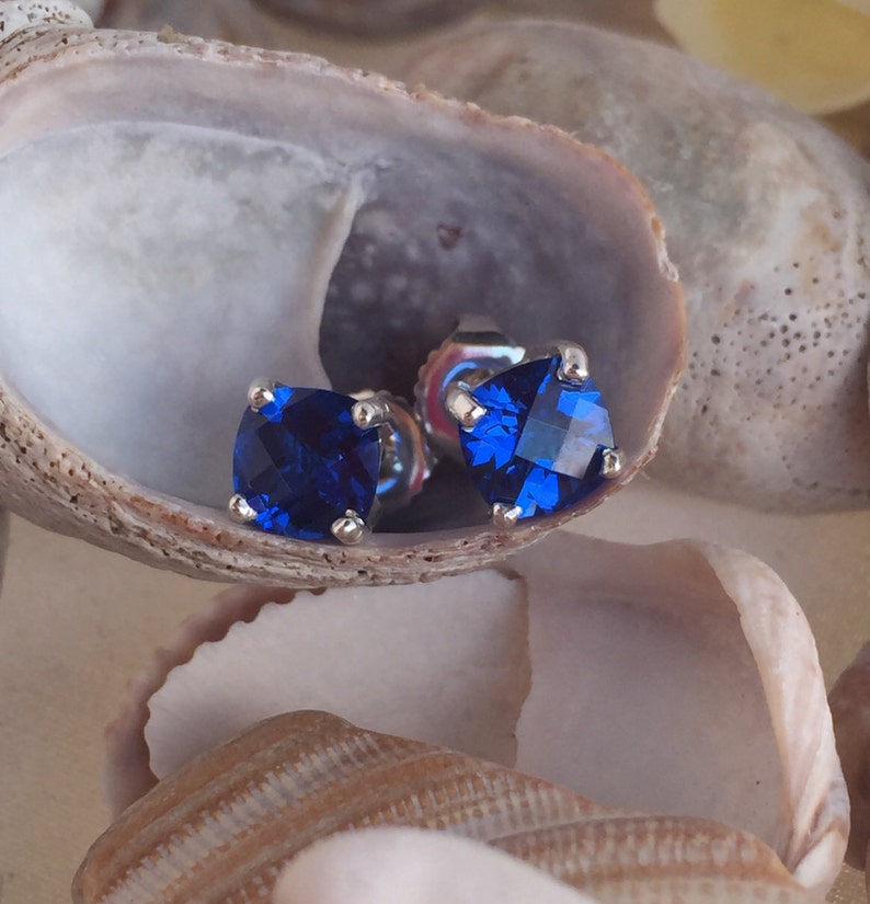 Puede incluir: Un par de pendientes de plata con detalles de piedras preciosas azules. Los pendientes se muestran sobre un fondo de concha.