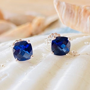 14k Gold Sapphire Earrings, Sapphire Studs, September Birthstone, Cushion Cut Sapphire Earrings, Something Blue, Bridesmaid Gift