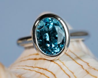 14k Blue Topaz Ring, Natural Blue Topaz, Oval Bezel Ring, Oval Blue Topaz Bezel Ring