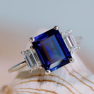 Three Stone Sapphire Moissanite Ring, Three Stone Emerald Cut Moissanite Ring, Emerald Cut Engagement Ring, Ethically Sourced, Conflict Free