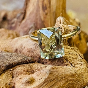 14k Gold Radiant Cut Prasiolite Ring, Green Amethyst Ring, Checkerboard Cut, 3.00ct Radiant Cut, Prasiolite Solitaire Ring, Sterling Silver