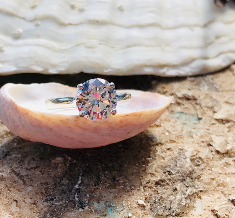 CZ Ring Heart Setting Engagement Ring CZ Engagement Ring Solitaire Setting Round Brilliant Engagement Ring