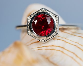 Art Deco Ruby Ring, 1.00ct Ruby Ring, Lab Ruby, Ethically Sourced, Art Deco Bezel Setting, Hexagon Setting