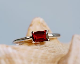 14k Natural Garnet Ring, East West Emerald Cut Garnet, Solitaire Setting, Stacking Ring, East West Setting, Sterling Silver, 14k