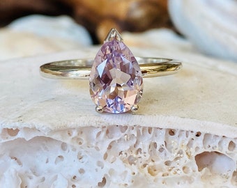 14k Amethyst Ring, Rose De France Amethyst, Pear Amethyst Ring, Sterling Silver Amethyst Ring, Solitaire Amethyst Ring,