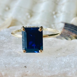 14k Emerald Cut Sapphire Ring, Sapphire Engagement Ring,  Hidden Halo Sapphire Ring, 4.00 Carat Sapphire Ring, September Birthstone