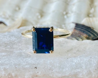 14k Emerald Cut Sapphire Ring, Sapphire Engagement Ring,  Hidden Halo Sapphire Ring, 4.00 Carat Sapphire Ring, September Birthstone