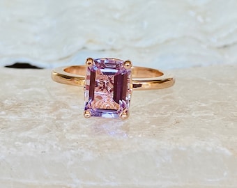 14k Rose De France Amethyst Ring, Emerald Cut Amethyst Ring, 1.5ct Amethyst Ring, Silver Amethyst Ring, Lavender Amethyst