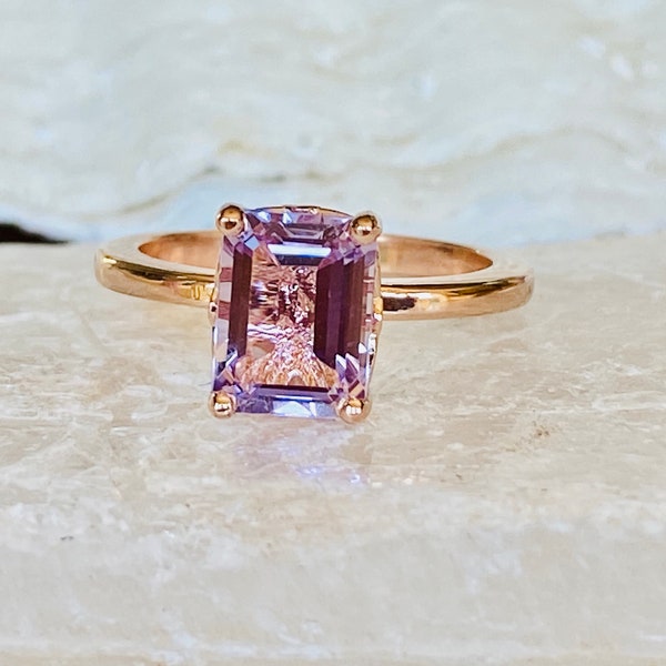 14k Rose De France Amethyst Ring, Emerald Cut Amethyst Ring,1.5ct Amethyst Ring, Silver Amethyst Ring, Lavender Amethyst