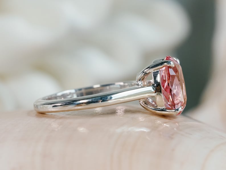 Anillo de zafiro Padparadscha de 14k, anillo de zafiro rosa ovalado, anillo de zafiro rosa de 2,5 qt, anillo solitario de zafiro Padparadscha, ajuste de catedral imagen 2