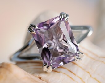 14k Radiant Cut Rose De France Amethyst Split Shank Ring, Natural Amethyst Ring, 10x8mm Rose De France Amethyst, Lavender Amethyst Ring