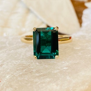 14k Gold Emerald Ring, Emerald Engagement Ring, Emerald Cut Engagement Ring, Emerald Solitaire Ring, May Birthstone, Cathedral Setting