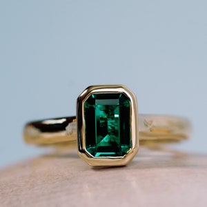 14k Gold Emerald Ring, Green Emerald Engagement Ring, Emerald Cut Ring, Emerald Solitaire Ring, Minimalist Ring, May Birthstone