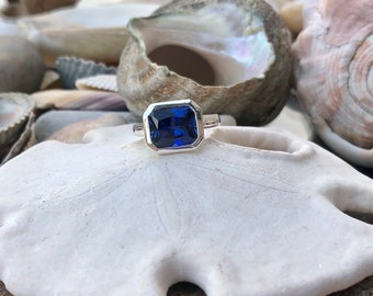 14k Radiant Cut Sapphire Ring, Sapphire Engagement Ring, Radiant Cut Ring, East West Ring, East West Radiant Cut Sapphire Ring, Bezel Ring