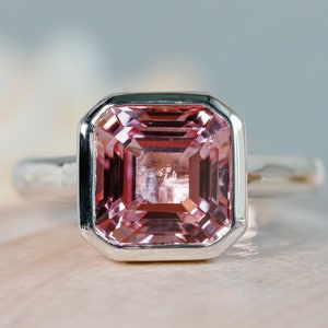 14k Padparadscha Sapphire Ring, Asscher Cut Sapphire Ring, 2.00ct Pink Sapphire Ring, Sapphire Bezel Ring, Padparadscha Sapphire Ring