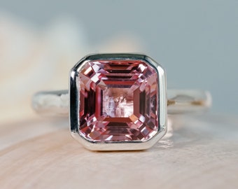 14k Padparadscha Sapphire Ring, Asscher Cut Sapphire Ring, 2.00ct Pink Sapphire Ring, Sapphire Bezel Ring, Padparadscha Sapphire Ring,