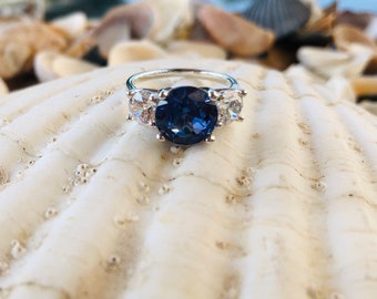Three Stone Sapphire Engagement Ring, Three Stone Ring, Round Three Stone Engagement Ring, Sapphire and Moissanite Engagement Ring