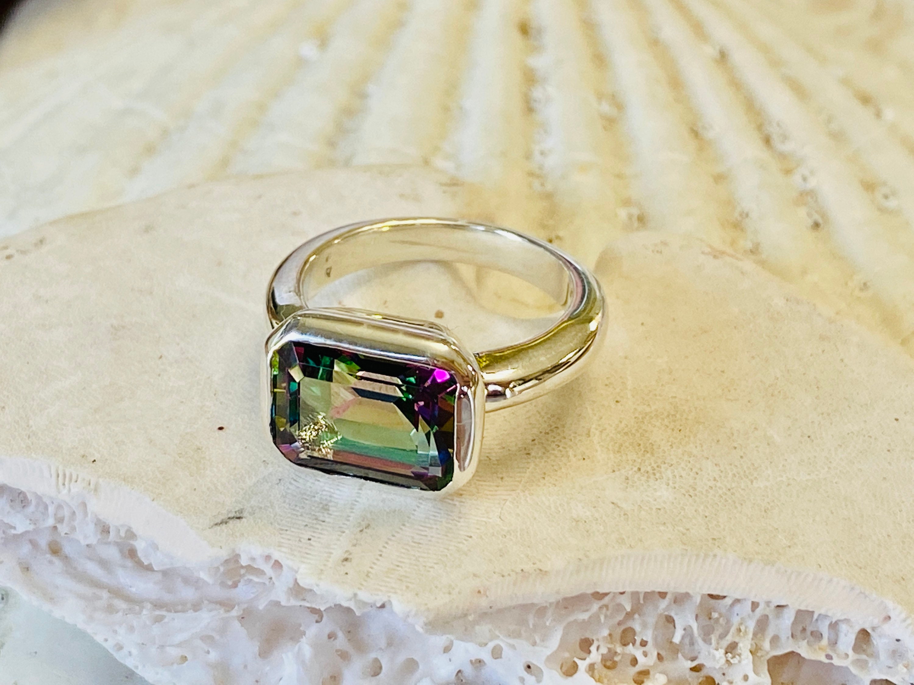 LEOPRA Mystic Topaz Ring – 5ct Lab-Created Emerald Cut In 925 Sterling Silver – Rainbow Color, Women’s Sizes 6-7-8-9