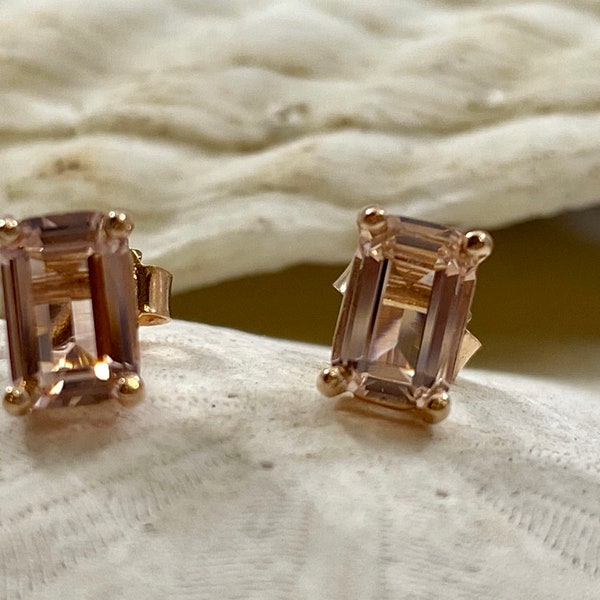 Emerald Cut Morganite Earrings, Morganite Stud Earrings, Gold Morganite Earrings, Silver Morganite Earrings, Emerald Cut Earrings