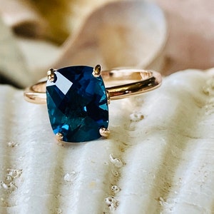 14k London Blue Topaz Ring, 3.00ct Cushion Cut London Blue Topaz Ring, London Blue Topaz Engagement Ring, London Blue Topaz Solitaire Ring