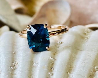 14k London Blue Topaz Ring, 3.00ct Cushion Cut London Blue Topaz Ring, London Blue Topaz Engagement Ring, London Blue Topaz Solitaire Ring