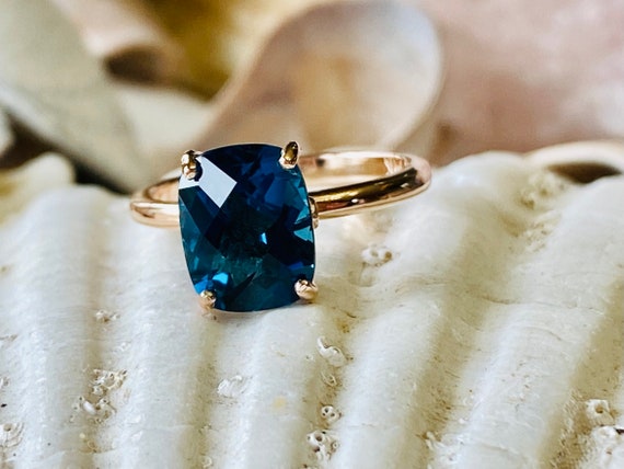 14k London Blue Topaz Ring, Cushion Cut London Blue Topaz