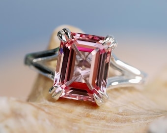 14k Emerald Cut Pink Topaz Split Shank Ring, November Birthstone