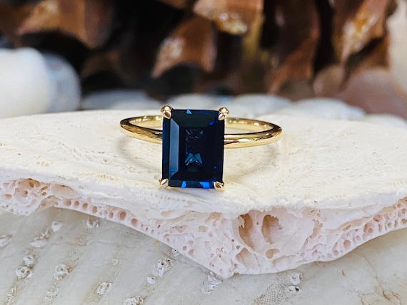 14k Emerald Cut Sapphire Ring Sapphire Engagement Ring Solitaire
