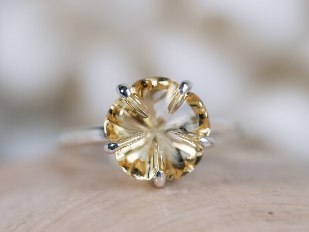 Flower Gemstone Ring, Five Petal Flower Ring, Citrine Ring, Statement ...