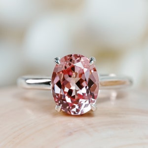 14k Padparadscha Sapphire Ring, Oval Pink Sapphire Ring, 2.5ct Pink Sapphire Ring, Padparadscha Sapphire Solitaire Ring, Cathedral Setting image 1