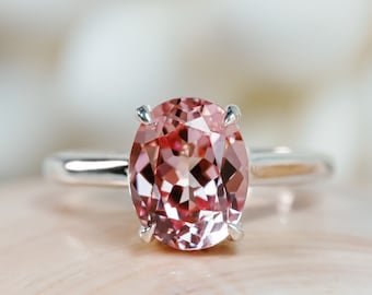 14k Padparadscha Sapphire Ring, Oval Pink Sapphire Ring, 2.5ct Pink Sapphire Ring, Padparadscha Sapphire Solitaire Ring, Cathedral Setting