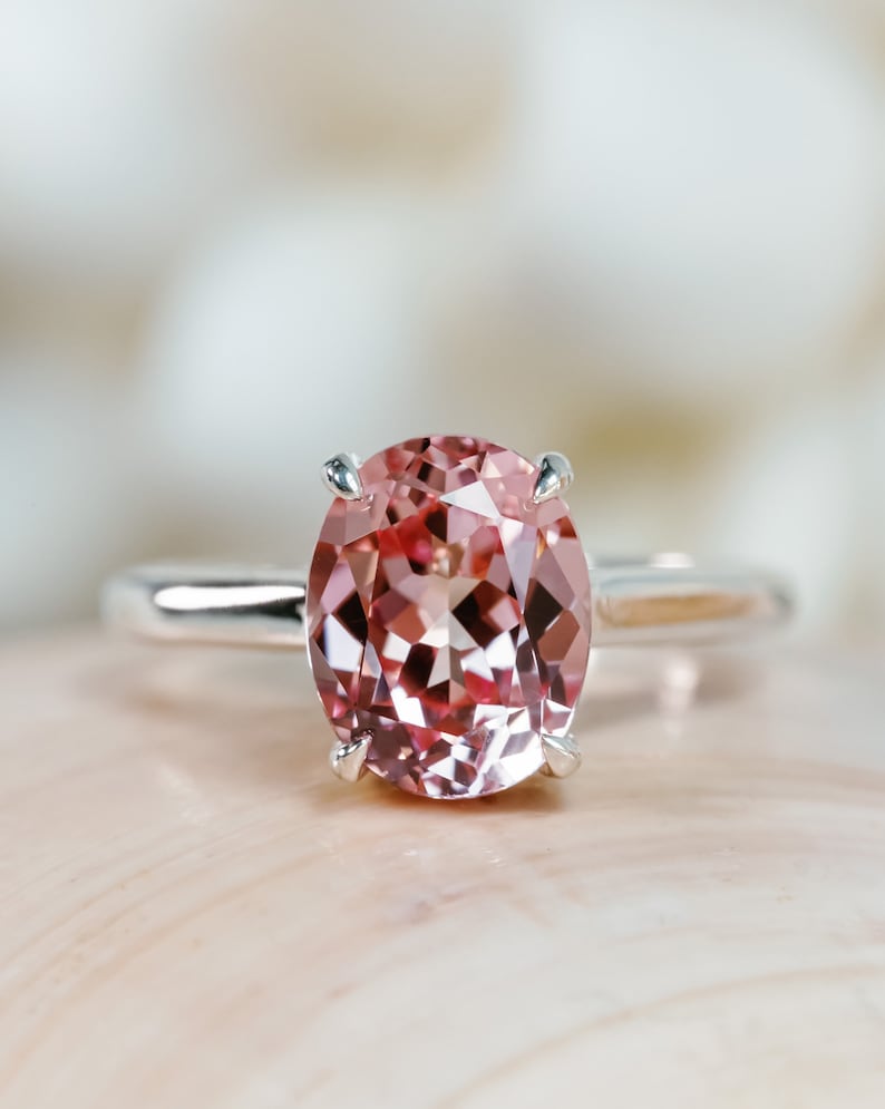 14k Padparadscha Sapphire Ring, Oval Pink Sapphire Ring, 2.5ct Pink Sapphire Ring, Padparadscha Sapphire Solitaire Ring, Cathedral Setting image 1