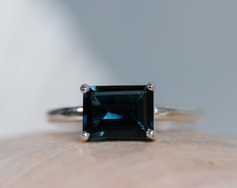 14k London Blue Topaz Emerald Cut London Blue Topaz, Sterling Silver Blue Topaz  Ring, East West Setting