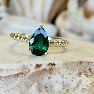 14k Gold Emerald Ring, Emerald Engagement Ring, Pear Shaped Emerald Ring, Emerald Solitaire Ring, May Birthstone