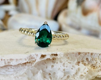 14k Gold Emerald Ring, Emerald Engagement Ring, Pear Shaped Emerald Ring, Emerald Solitaire Ring, May Birthstone