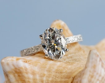 Oval Moissanite Engagement Ring, Oval Moissanite Solitaire, 2.00ct Oval Moissanite Engagement Ring, Vintage Style Band, Cathedral Setting