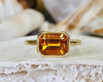 14k Gold Citrine Ring, Yellow Citrine Ring, Bezel Citrine Ring, Emerald Cut Citrine Ring, November Birthstone