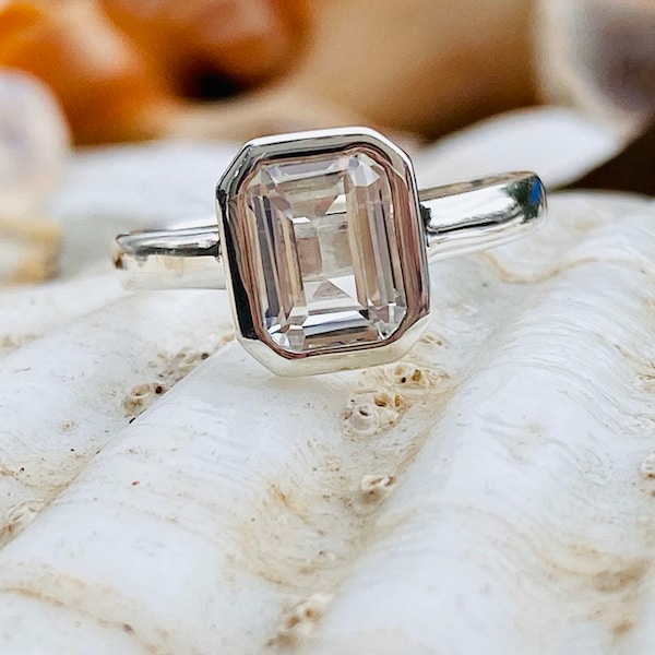 Emerald Cut White Sapphire Ring, Emerald Cut White Sapphire Solitaire,  White Sapphire Engagement Ring, White Sapphire Bezel Ring,