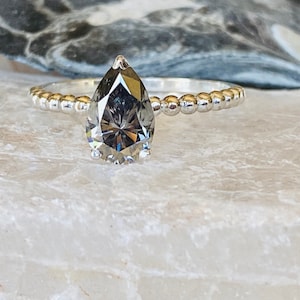 Pear Cut Moissanite Ring, Gray Pear Cut Moissanite, Gray Moissanite Engagement Ring, 1.5ct Pear Moissanite Engagement Ring