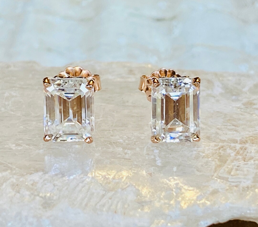 14k Moissanite Earrings, Moissanite Stud Earrings, Emerald Cut ...