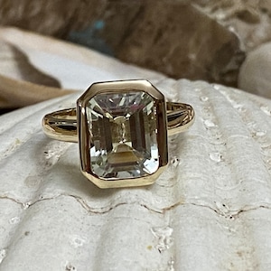 14k Gold Prasiolite Ring, Green Amethyst Ring, Emerald Cut Prasiolite Ring, 3.00ct. Emerald Cut, Prasiolite Solitaire Ring, Bezel Setting