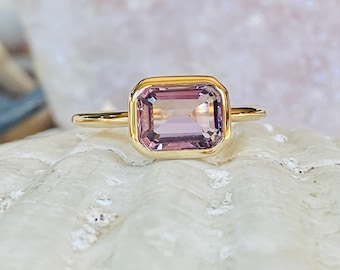 14k Rose De France Amethyst Ring, Emerald Cut Amethyst Ring, 2.00ct Amethyst Ring, Bezel Amethyst Ring, Lavender Amethyst, East West Setting
