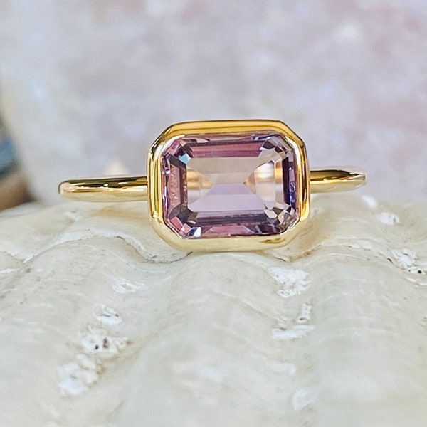 14k Rose De France Amethyst Ring, Emerald Cut Amethyst Ring, 2.00ct Amethyst Ring, Bezel Amethyst Ring, Lavender Amethyst, East West Setting