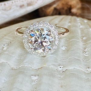 2 CT Moissanite Engagement Ring, Halo Moissanite Engagement Ring, Round Moissanite Engagement Ring, Platinum, 14k