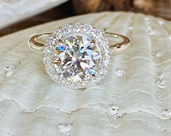 2 CT Moissanite Engagement Ring, Halo Moissanite Engagement Ring, Round Moissanite Engagement Ring, Platinum, 14k