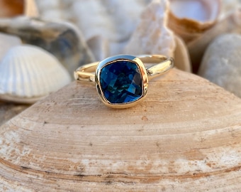 London Blue Topaz Ring, London Blue Topaz Engagement Ring, Bezel Setting, Cushion Cut London Blue Topaz