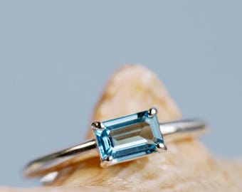 Swiss Blue Topaz Ring, East West Emerald Cut Swiss Blue Topaz, Solitaire Setting, Stacking Ring, East West Setting, Sterling Silver, 14k